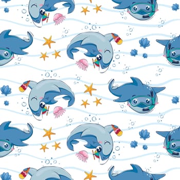Seamless pattern with cartoon sharks with ice cream swimming among the sea waves, jellyfish and starfish in an underwater mask in a flat style.