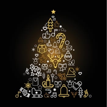 Christmas tree silhouette with holiday linear icons
