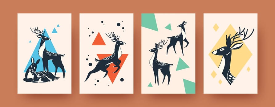 Set of abstract banners with deer in Scandinavian style. Creative deer family and horned animal vector illustrations. Forest animals and wildlife concept for social media, postcards, invitation cards