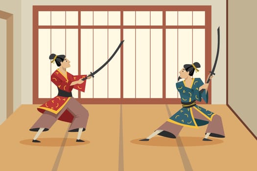 Two cartoon samurai characters fighting each other with swords