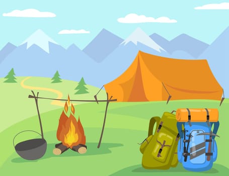 Campsite in daylight cartoon illustration