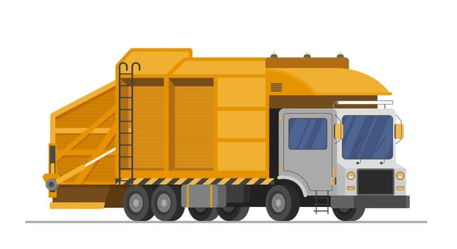 Garbage truck, municipal lorry and collector of waste, yellow industrial trailer moving