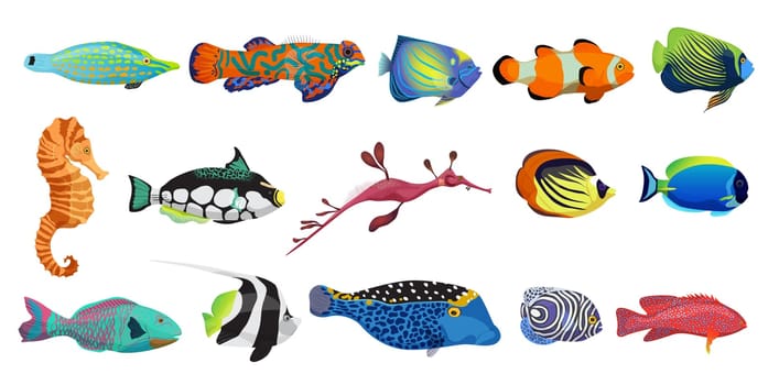 Cute fishes, exotic underwater animal characters set, marine creatures collection