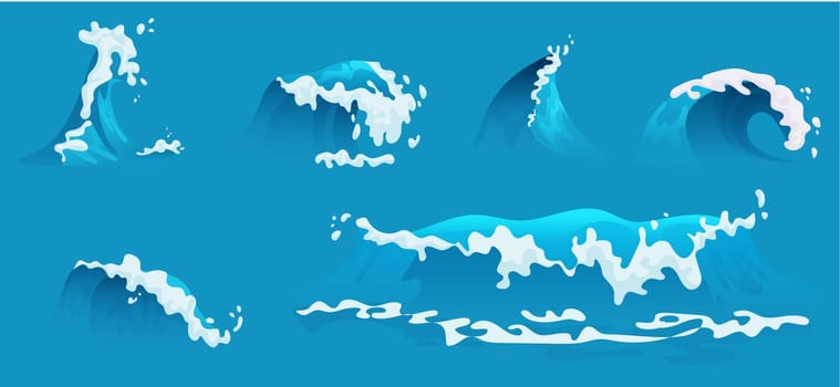 Sea and ocean waves of different shape set, water of tide, tsunami or storm with splashes