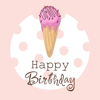 A hand-drawn, windy illustration of fruit ice cream in a waffle cone. Happy BirthDay greeting card.