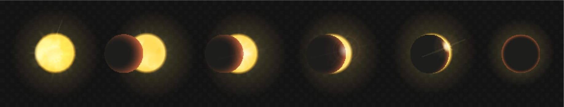 Solar eclipse set, process or stages of partial and complete eclipse cycle of sun by moon