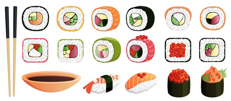 Sushi, Japanese restaurant menu, bamboo chopsticks and sashimi, rolls, maki and nigiri