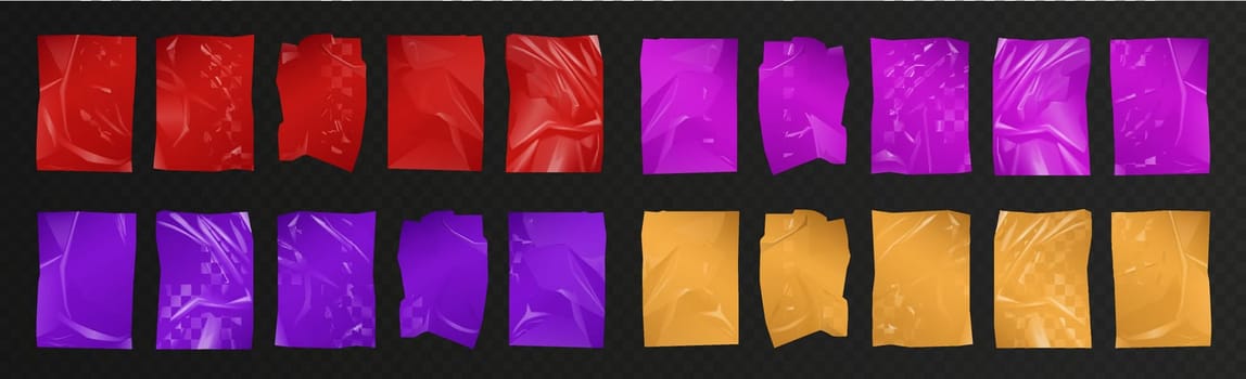 Plastic polyethylene set, 3d realistic yellow, red and purple wrinkled film material