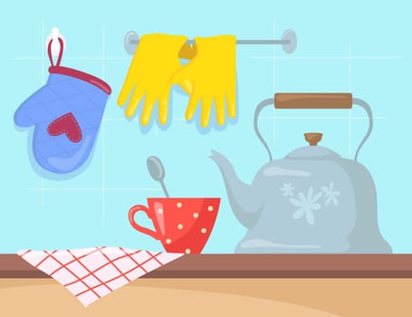 Kitchen utensils on counter cartoon vector illustration