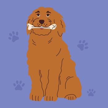 Dog with toys for brushing or massaging teeth. Dog dental health. Canine dental care and hygiene concept. Vector illustration