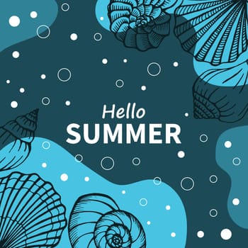 Hand drawn summer poster with seashells. Summer holidays cards.
