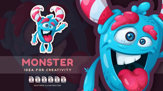 Cartoon character crazy halloween monster - cute sticker. Vector eps 10