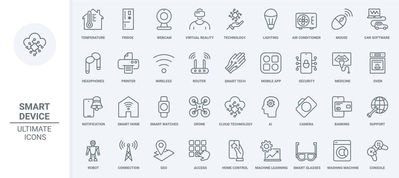 Smart home devices thin line icons set, virtual reality technology, autonomous lighting