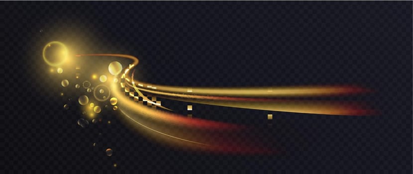 Golden comet with luminous line trail of wave shape and glowing light effect vector illustration. Abstract moving energy curves and neon magic bokeh circles, flash of sparkle and shimmer motion