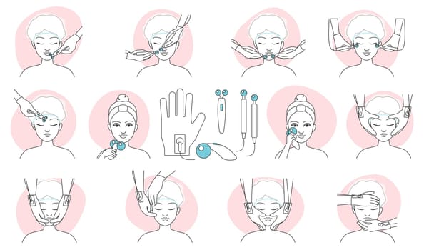 Microcurrent treatments infographic line icons set, hands of beautician massage face skin