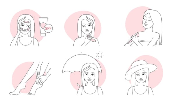 Application of sunscreen, skincare instructions thin line icons set, girls apply sunblock