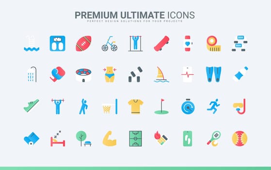 Sports workout trendy flat icons set, calculator of calories and fitness exercises