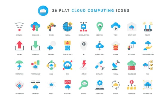 Cloud computing trendy flat icons set, server connection for download and upload of data