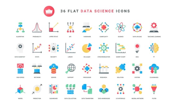 Data analysis, neural network innovation and science trendy flat icons set vector illustration.