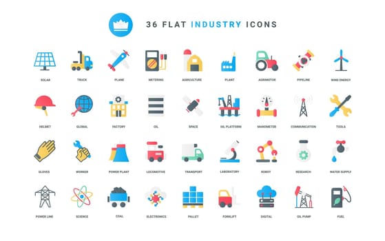Industry trendy flat icons set, oil gas energy production, refinery factory, agriculture