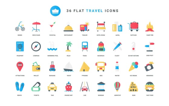 Transport for journey, ticket to sightseeing destination, passport and suitcase, compass and wallet of tourist. Travel and summer vacation, tourism trendy flat icons set vector illustration