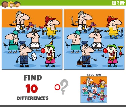 Cartoon illustration of finding the differences between pictures educational activity with people of different professions characters group