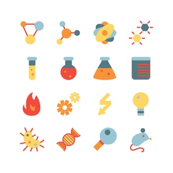 Science research flat icon set. Scientific study vector cartoon symbol pack. Lab test, experiment