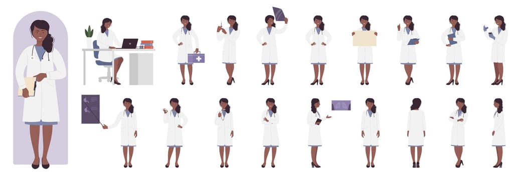 Cartoon young woman working at hospital desk, standing with first aid box, posing in front, side and back view, showing xray presentation. African american black doctor poses set vector illustration