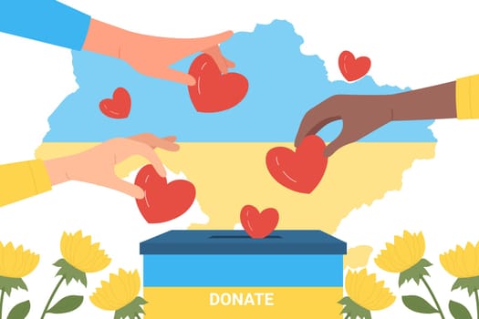 Hands give red hearts to box with Ukrainian flag, collection of money to help Ukraine