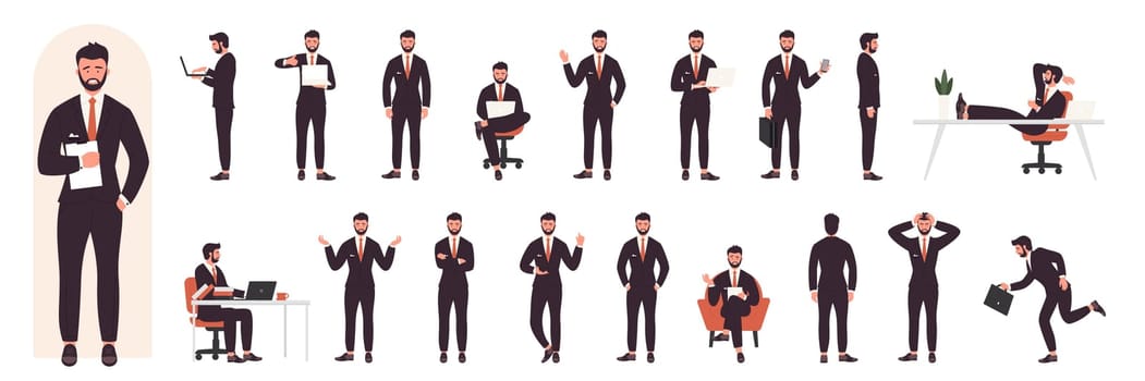Busy businessman character in various poses set, entrepreneur in suit sitting at table