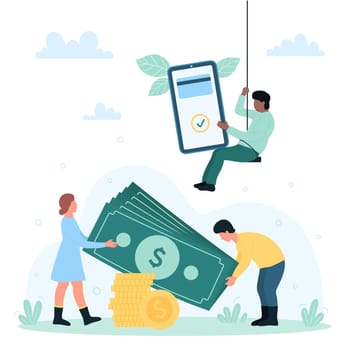 Cash money vs NFC contactless payment from digital wallet vector illustration. Cartoon tiny customers holding smartphone with credit card on screen, gold coins and currency, people pay for purchases
