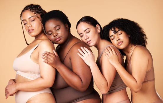 Beauty, body positivity women isolated on a studio background in skincare, self love and empowerment. Underwear, lingerie and diversity black people or international model, inclusion and self love