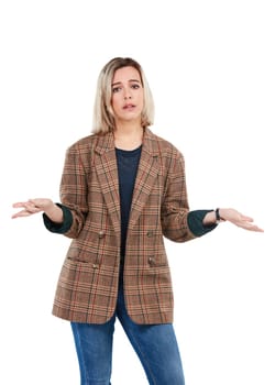 Sad, confused and portrait of girl with shrug for problem, dilemma or unhappy with decision expression. Doubts, uncertain and depressed woman unsure of choice on isolated studio white background.