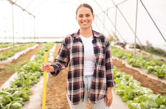 Farm, portrait and farming woman ready to harvest in garden for produce and agriculture in a greenhouse. Agro, horticulture and gardener female agronomist ready for environmental cultivation of plant