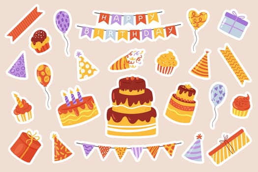 Birthday fun party celebration set, cartoon cute sticker collection, anniversary event holiday elements vector illustration. Bundle of cake, drink, gift, decorations festive party celebration stickers