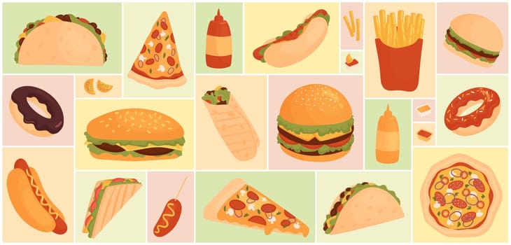Cartoon unhealthy fastfood snacks menu collection with shawarma burger french fries sandwich pizza tortilla donut cheeseburger wide geometric collage background. Fast food set vector illustration.