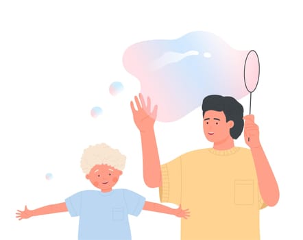 Father and boy son play and blow soap bubble giant balloons on foam party isolated cartoon flat vector illustration