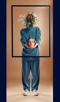 Woman, fashion or abstract art with flowers on studio background, picture frame or manipulation photography. Beauty model, faceless head or plant bouquet in freedom empowerment or creative aesthetic