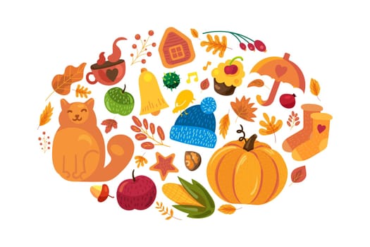 Cartoon autumn background, fall symbols on white