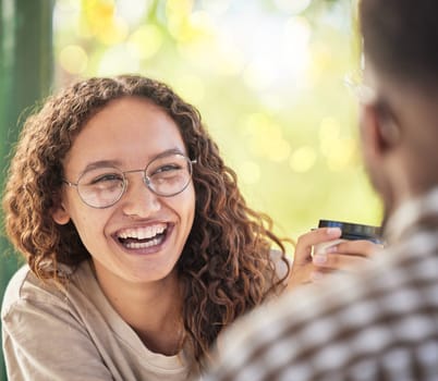 Face, happy or date and a black woman drinking coffee in the park with her boyfriend during summer. Smile, love and dating with a young female smiling at her partner for romance or affection.