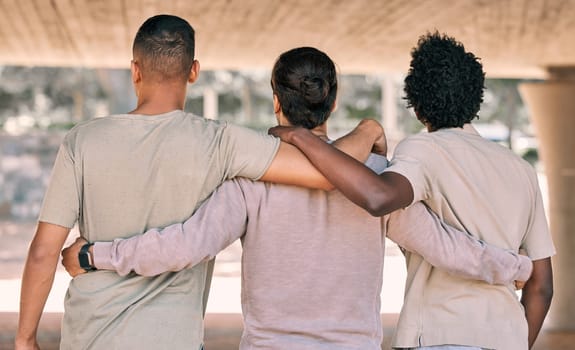 Back, men and friends hug, fitness and bonding after training, workout or exercise for wellness. Males, athletes or guys embrace, support or team with solidarity, healthy lifestyle or group activity.