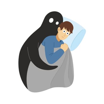 Mental problems, psychological instability concept. Scared man suffers of phobia, fears, depressive disorder, paranoia. Fear of the dark. Vector Illustration in flat style