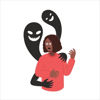 Mental problems, psychological instability concept. Scared woman suffers of phobia, fears, depressive disorder, paranoia. Vector Illustration in flat style
