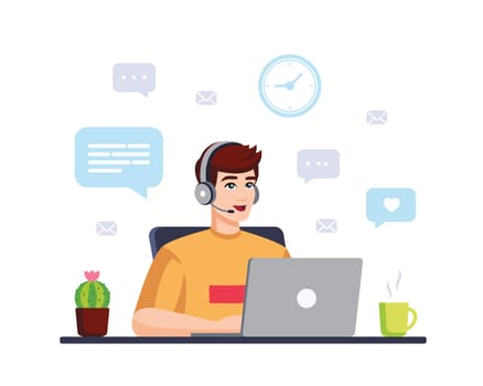 Man with computer, headphones, microphone . Illustration for support, call center. Vector illustration in flat style