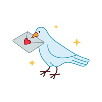 Carrier pigeon with a letter in its beak. Valentines day icon. Vector illustration in doodle.