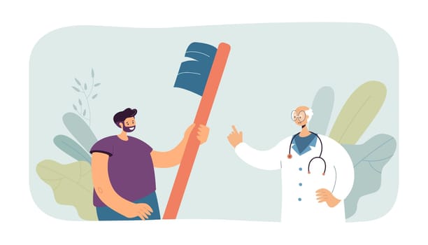 Tiny man holding toothbrush and doctor pointing at it. Dentist giving consultation to patient flat vector illustration. Stomatology, healthcare concept for banner, website design or landing web page