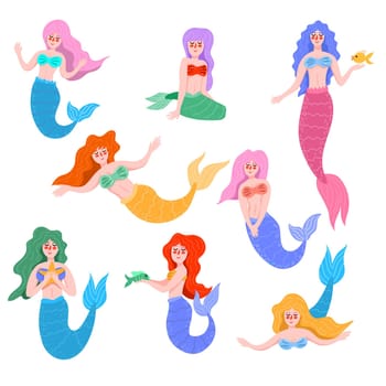 Cute mermaid cartoon characters flat vector illustrations set