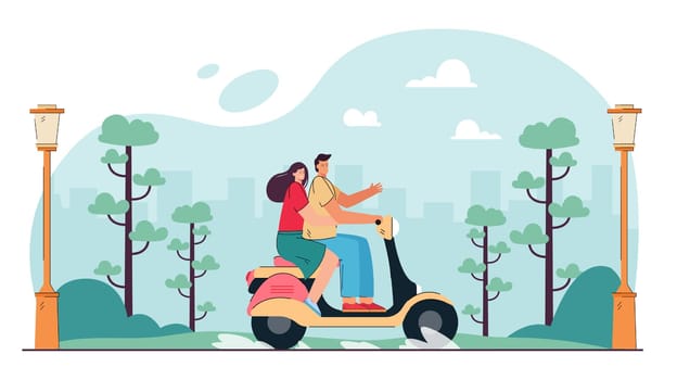 Happy couple riding motorbike in city park