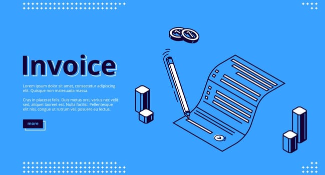 Invoice isometric landing page, paper bill signing