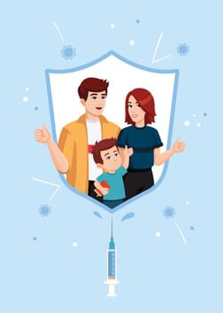 The vaccinated family is protected from coronavirus and influenza by an immunity shield. Power of vaccination concept.